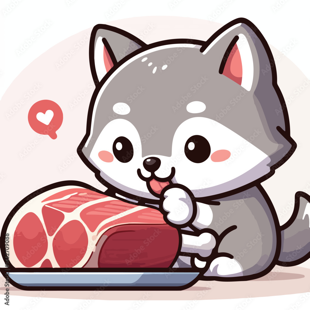 Fototapeta premium vector image of cute wolf eating meat