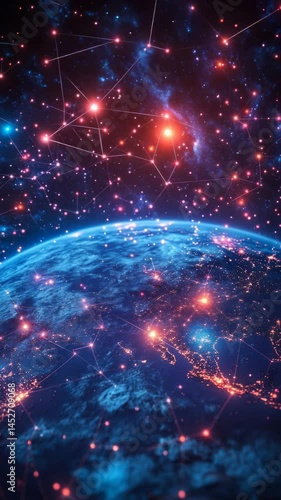 A blue planet with a starry sky. The stars are scattered all over the sky and the planet