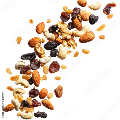 flying nuts and dried fruits isolated on transparent white background, clipping path