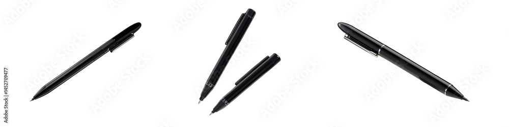 A group of black pens are scattered on a plain black background space on transparent background A group of black pens are scattered on a plain black background space on transparent background