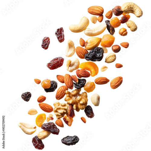 flying nuts and dried fruits isolated on transparent white background, clipping path