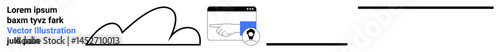 Map with pin icon next to a cloud element and web page design outline. Ideal for travel, navigation, modern technology, web apps, minimalism, finding location, simple landing page