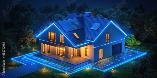 A modern smart home with solar panels and futuristic LED lighting outlining the 3d house and driveway. Suitable for real estate, home improvement, and technology blogs/sites.