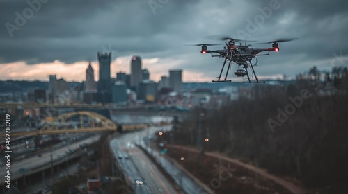 Drone Flying Over Pittsburgh with Bridges and Highway