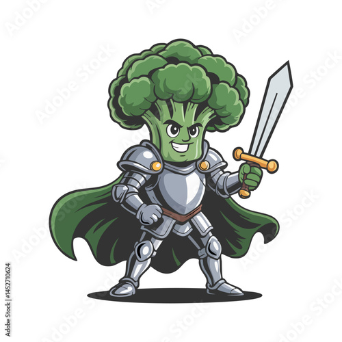 vintage cartoon illustration broccoli knight in silver armor is holding a sword.