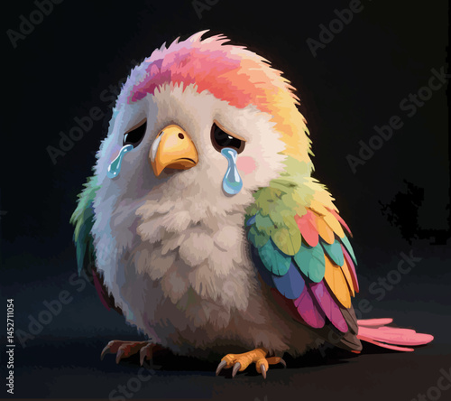 Sad Crying Cartoon Bird with Rainbow Feathers