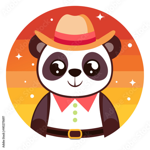 Cute Panda Wearing Cowboy Hat on Retro Vintage Background – Vector Illustration