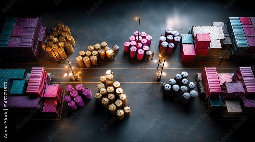 Aerial view of cargo containers and cylinders Aerial view of cargo containers and cylinders