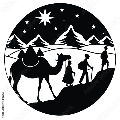 Silhouette of Three Wise Men and Camel Following Star to Bethlehem Christmas