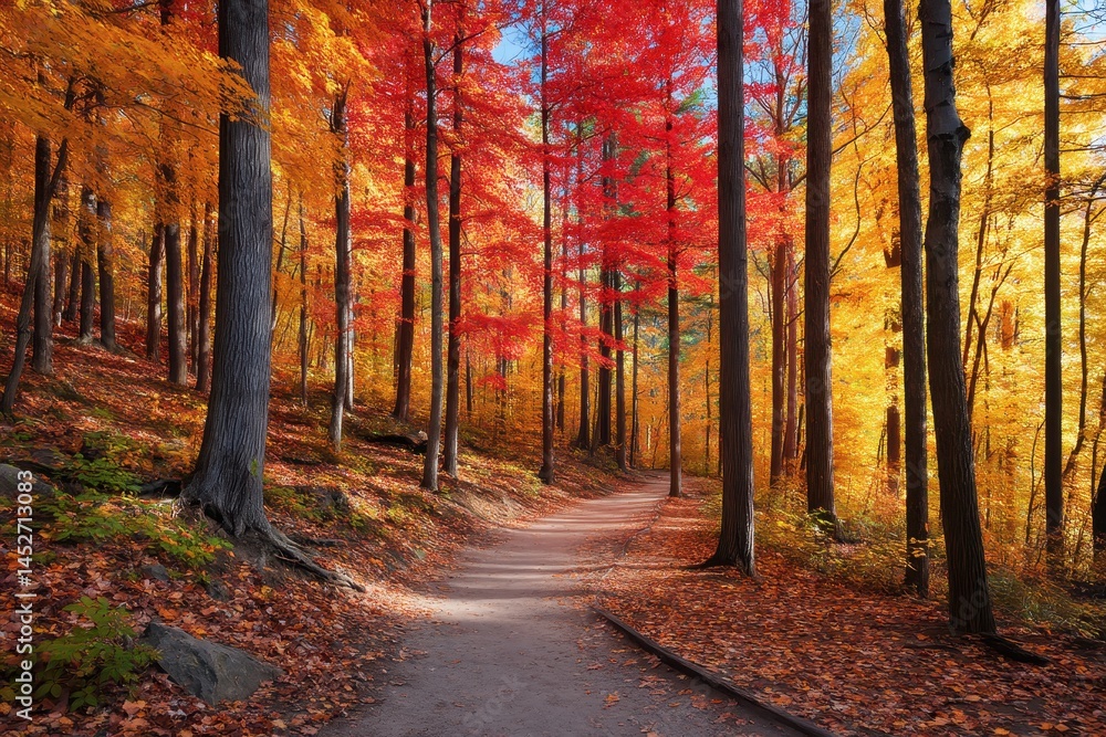 Fototapeta premium Pathway through a vibrant forest with trees displaying autumn foliage colors seen above