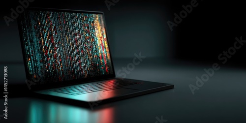 Laptop computer with glitchy screen showing pink/teal vertical lines. Use for cybersecurity, tech errors, or abstract digital art.