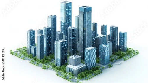 Isometric model of modern city skyline with glass skyscrapers on white background. Use for urban planning, architecture, or real estate themes.