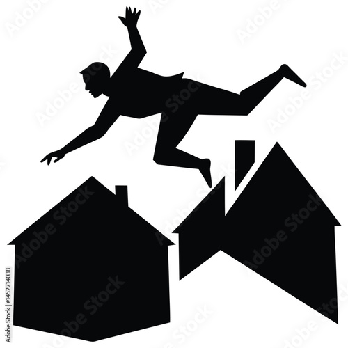 Silhouette Illustration of Man Falling Between Houses: Risk, Danger, Accident