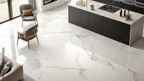 Modern kitchen and lounge area with marble flooring and decor