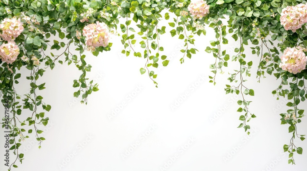 Set of wedding arches with a mix of cascading greenery and soft pink hydrangeas on a white background Set of wedding arches with a mix of cascading greenery and soft pink hydrangeas on a white background