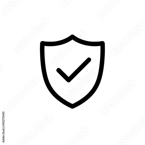 simple shield icon with checkmark in black outline, minimalist design for security