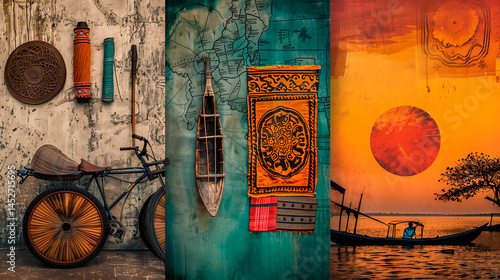 Bangladesh collage: Sundarbans mangroves, traditional nakshi kantha embroidery, vibrant rickshaws, jute crafts, folk music instruments, bright and earthy tones