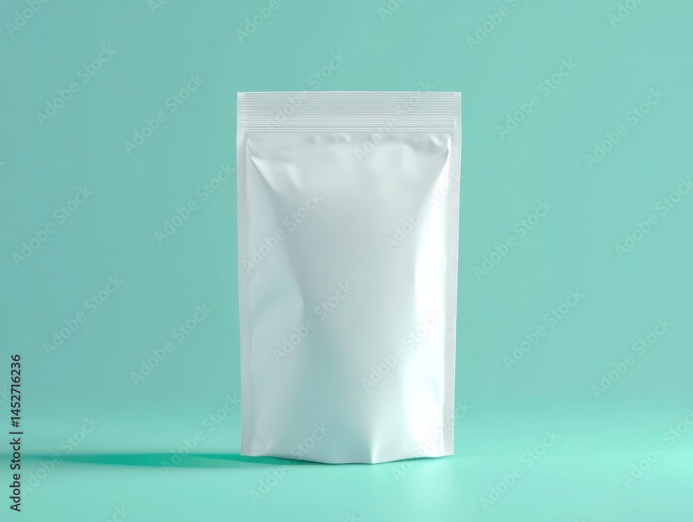 A white pouch with a zipper seal standing on a light teal surface A white pouch with a zipper seal standing on a light teal surface