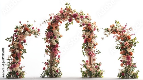 Set of wedding flower arches featuring a layered structure with mixed flowers on a white background