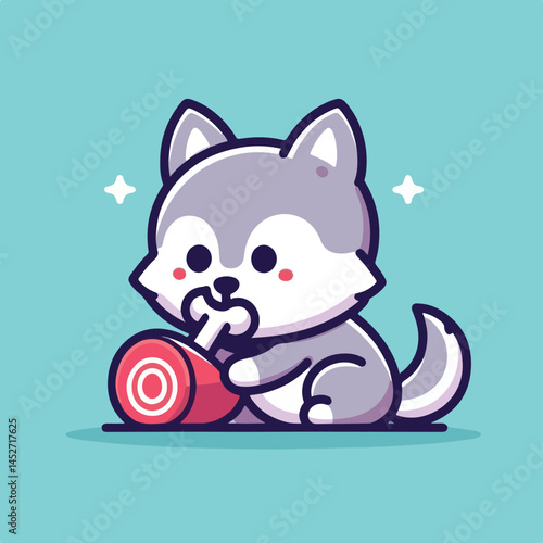vector image of cute wolf eating meat