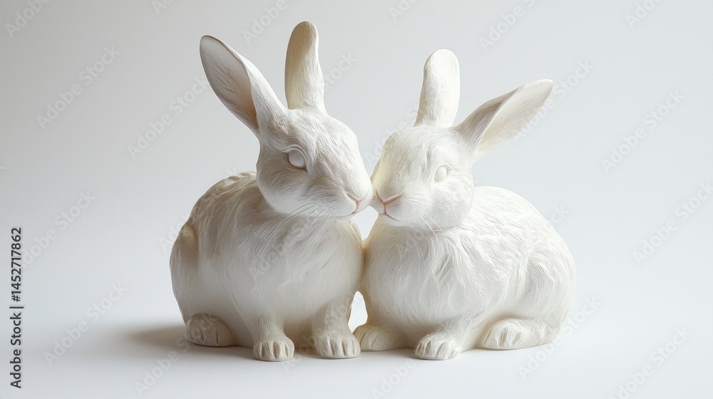 Obraz premium Two white ceramic bunnies facing each other in a tender pose.