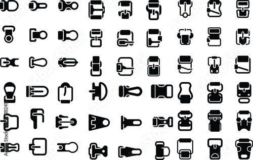 Plastic Buckle Silhouette Set | Strap & Clip Icons Vector Adjustable Buckle Icons | Black Plastic Buckle Silhouettes