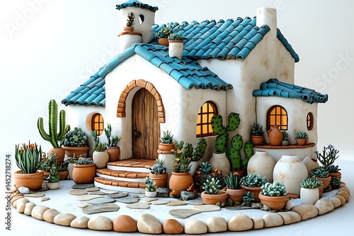 Charming spanish style villa with blue tile roof and succulent garden