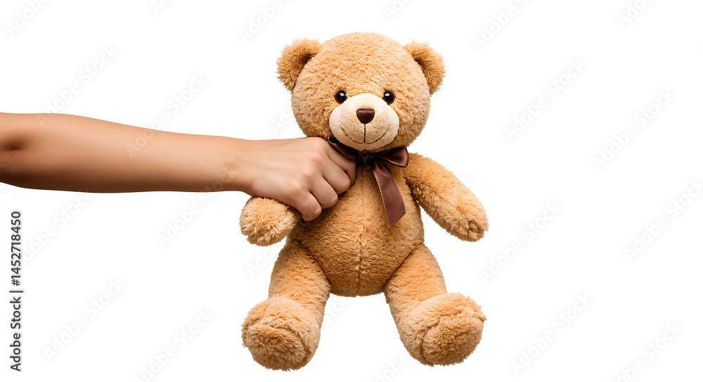 Fototapeta premium Hand holding teddy bear isolated on white background