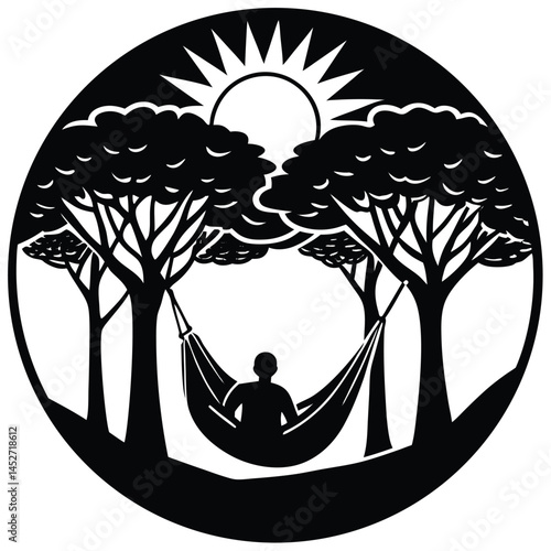 Hammock Relaxation: Silhouette Art of Person Relaxing in Trees Under a Bright Sun