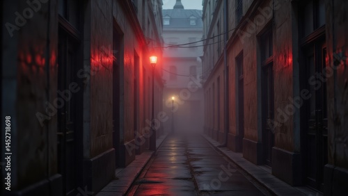 Eerie Parisian Alleyway at Night with Red Light, Foggy Street Scene in France at Dusk