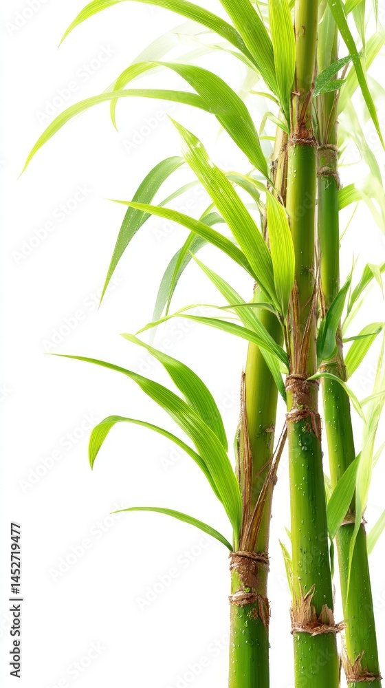 Naklejka premium Sugar Cane Stalks with Green Leaves Isolated on White