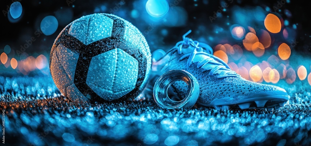 Naklejka premium Night Football: A Wet Game Under the City Lights