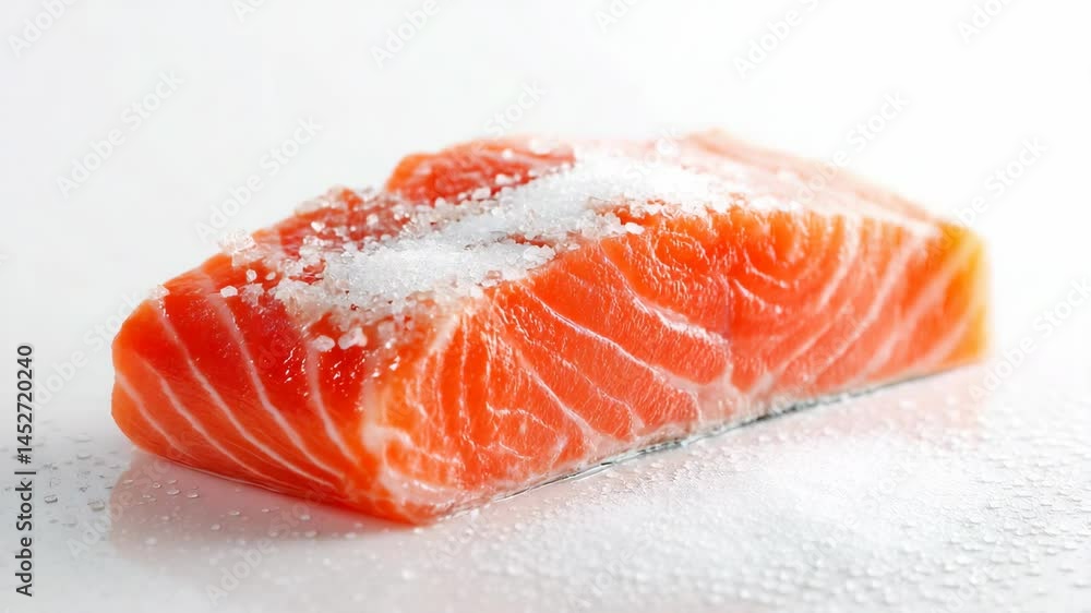 Fresh salmon fillet with salt crystals resting on a wet, reflective surface, ideal for cooking preparation and culinary presentation. Fresh salmon fillet with salt crystals resting on a wet, reflective surface, ideal for cooking preparation and culinary presentation.