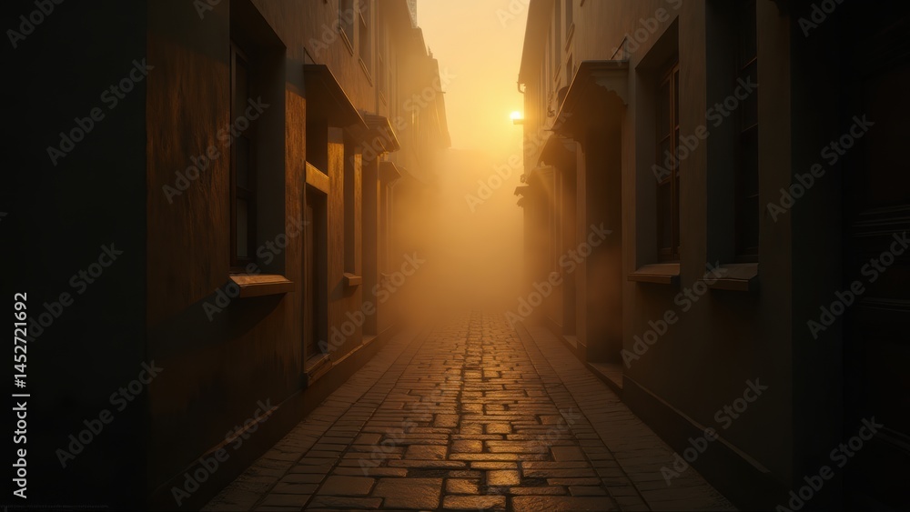 Fototapeta premium Misty European Alleyway: Cobblestone Street in Fog, Architectural Detail & Golden Light - Atmospheric Urban Scene