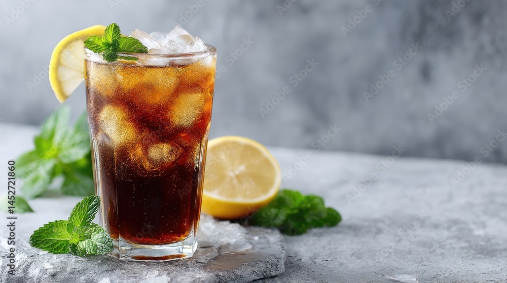 Chilled glass of cola with ice, lemon slice, and fresh mint on a gray textured surface. Perfect for summer beverage ads, refreshing drink menus, and food blogs