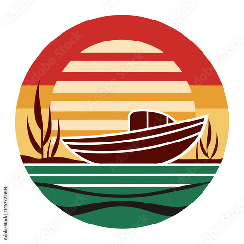 Boat Silhouette on Vintage Background – Retro Nautical Vector Illustration