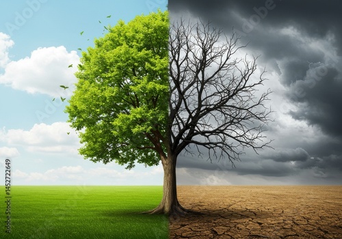 A tree split between vibrant green foliage and barren branches under contrasting skies and landscapes