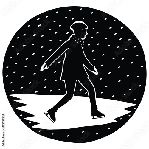 Black and White Silhouette of a Winter Ice Skater in a Snowy Scene Illustration