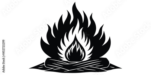 Campfire Icon: A stylized black and white illustration of a campfire with flames rising from logs. Perfect for designs related to camping, adventure, warmth, and nature.