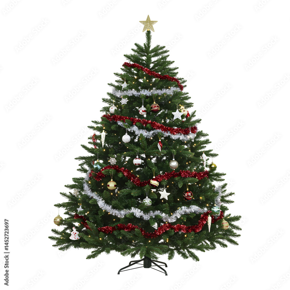 Fully decorated Christmas tree with ornaments and lights. Fully decorated Christmas tree with ornaments and lights.