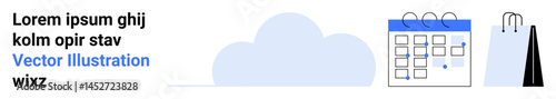 Cloud linking calendar and shopping bag represents online organization. Ideal for scheduling apps, e-commerce, planning, office tools, business, cloud storage, simple landing page