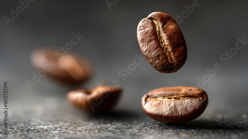 Aromatic Coffee Bean Trio: A captivating macro shot showcasing three meticulously roasted coffee beans, one poised in mid-air, against a dark backdrop, emphasizing texture, aroma.