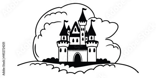 Majestic Castle in the Sky: A black and white line art illustration of a fairytale castle, nestled amidst fluffy clouds, symbolizing dreams, fantasy, and the magic of imagination. 