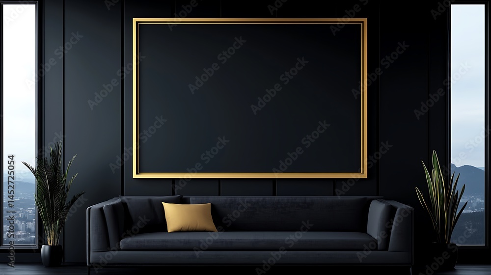 Fototapeta premium Elegant Interior with Dark Sofa, Gold Frame Artwork, Minimalist Design, and Scenic Window Views.