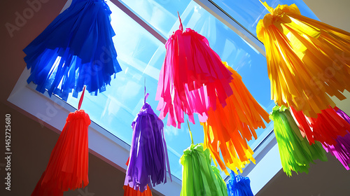 Vibrant tissue paper tassels hang from a ceiling window, creating a festive and colorful display.