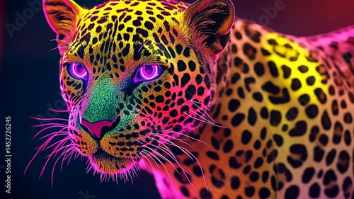 Rainbow Leopard: A striking rainbow leopard with vibrant fur and mesmerizing purple eyes. Captures the wild spirit, fantasy and colorful beauty. 