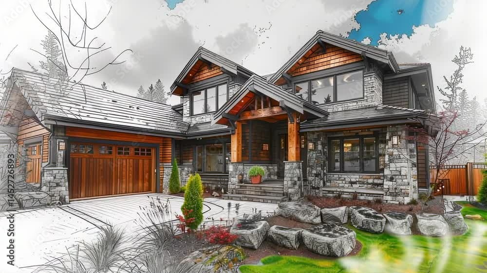 Architectural rendering of a modern craftsman house with stone and wood ...