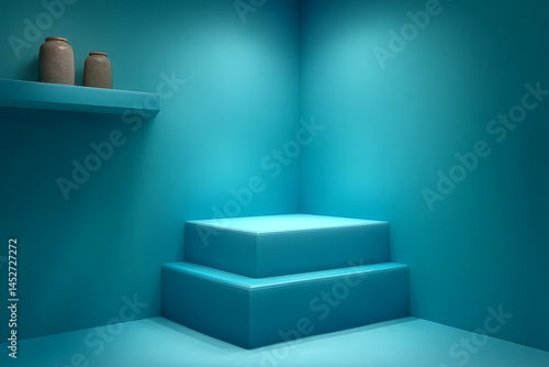 Teal room corner with two-tiered pedestal  shelf  and two jars.  Showcase scene ideal for product display or minimalist design