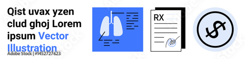 Lungs diagnostic, prescription paperwork and dollar icon illustrate healthcare, expenses, diagnosis, treatment planning. Ideal for healthcare, medical services, insurance, finance technology