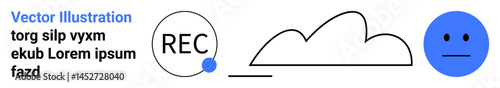 REC circle, cloud shape, and face in minimalist style. Ideal for tech, recording, storage, mood presentations network simple landing page. Line metaphor. Simple line icons